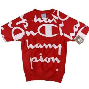 New Champion Men Red Sweatshirt Short Sleeve Crew Neck Pullover Casual US XS